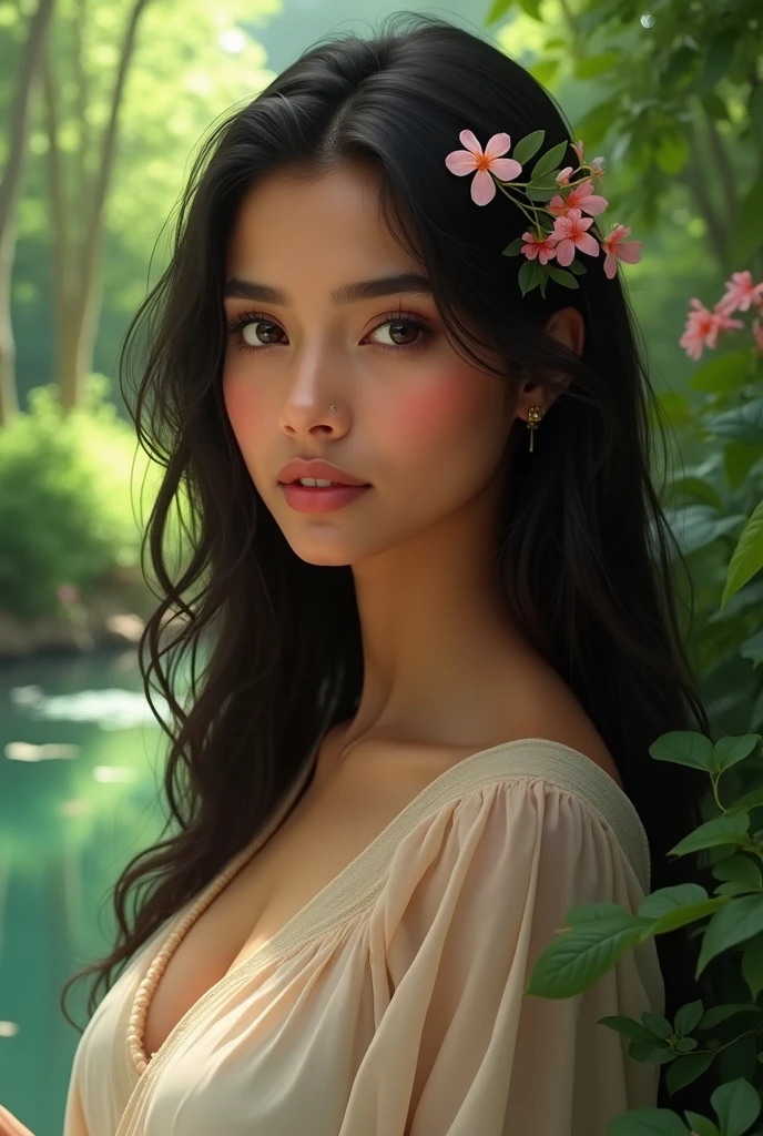 (highly detailed body, highly detailed face, best quality:1.2) ,A Indian dark Woman, look at viewer, (no clothing), (Pink bougainvillea mess in background:1.4)
