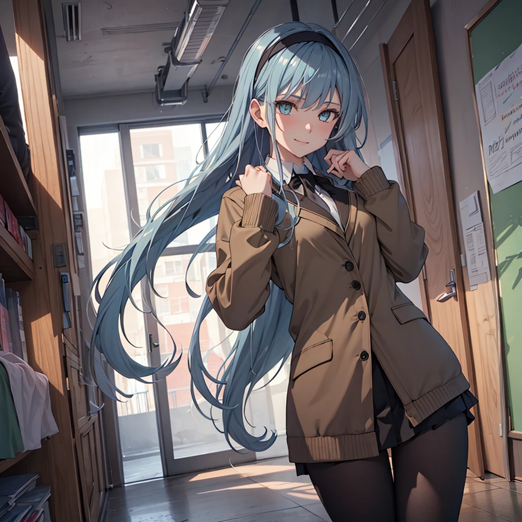 ((masterpiece,best quality)), highres, extremely detailed 8K wallpaper, depth_of_field, best shadow, (Colorful),(Delicate eyes and face), nice hand, Perfect hands, (no lighting), Ray tracing, BREAK (1girl), long hair, (light blue hair), green eyes, medium breasts, bangs, confident smile, BREAK, standing, BREAK, Cowboy Shots and knee, school corriror, school hallway, hand resting on hip, sharp eyes, jacket, blouse, miniskirt, tights, headband, (solo), wide hips, centered