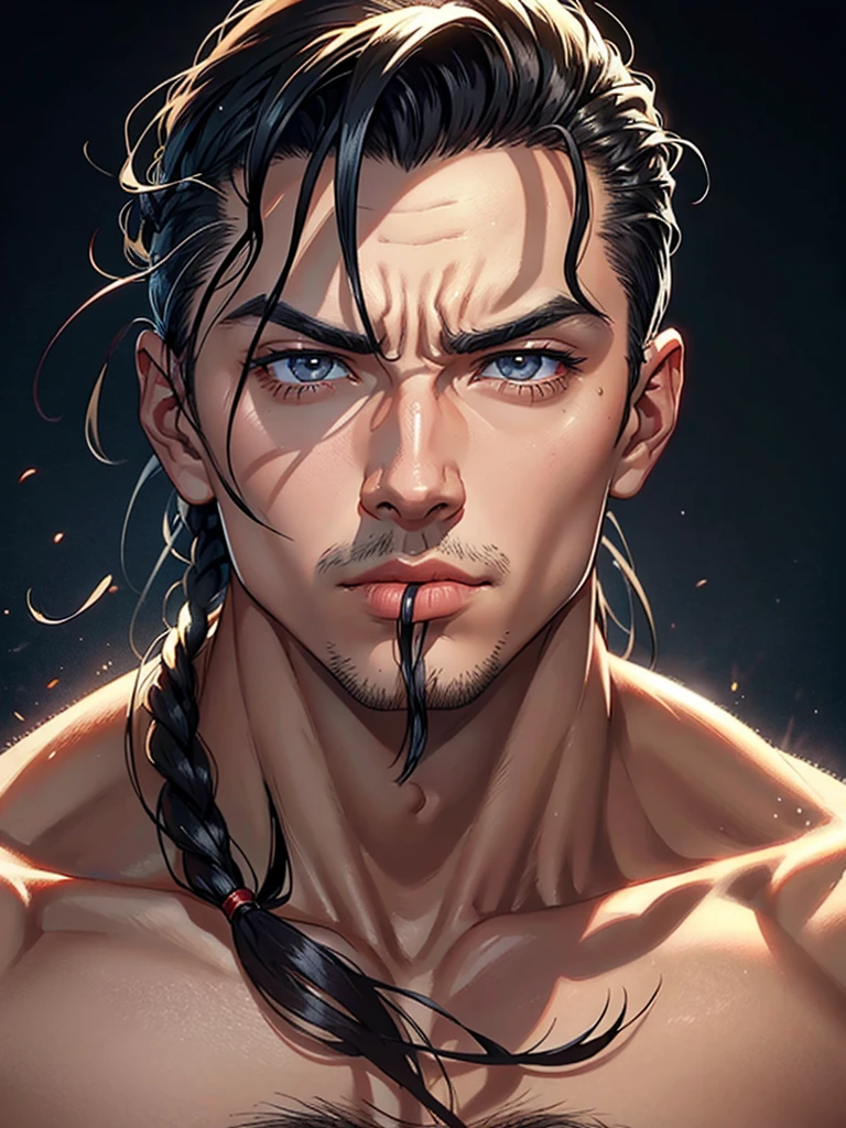 Man. tall body. Broad shoulders. Very dark black skin. Gray eyes. Long, slightly messy black hair tied in a ponytail. Serious expression. Open button shirt. Scar on the left eye. very strong body. Young. attractive