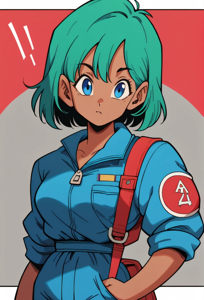 1 girl, dark skinned woman, blue-green hair, medium length hair, red bow, blue jumpsuit, blue eyes,