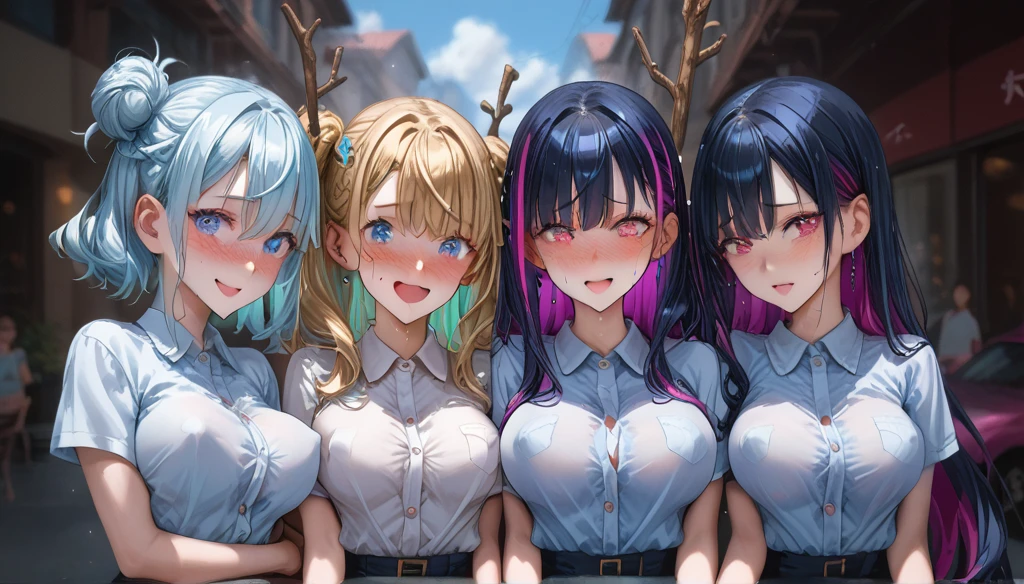 ((4 girls are holding hand each other, welcome someone with open arms , they are face to face, grab her breast)) BREAK they have large Breasts, cleavage, (((perky breasts))), (covered nipples), slender waist, (facial expression,(great joy, happy:1.3)(half open eye:1.2), (parted lips:1.3), (embarrassed, full-face blush:1.4),(sweaty,steam:1.1) , ) , (streaked hair, hair intakes, colored inner hair, glowing hair, jewelry cristal transparent hair) , slender waist, skinny, BREAK (((panorama, extewanly distant view shot , looking at viewer, from behind ))), (4 girls in extremely large public bedroom, bending over, stick out hip)