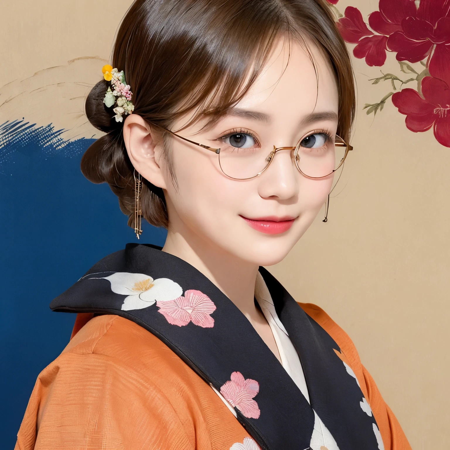 2 (20-year-old woman,Short Hair) , (A kind smile) , (kimono), (colorful), (Japanese painting by Uemura Shōen), flower, Glasses