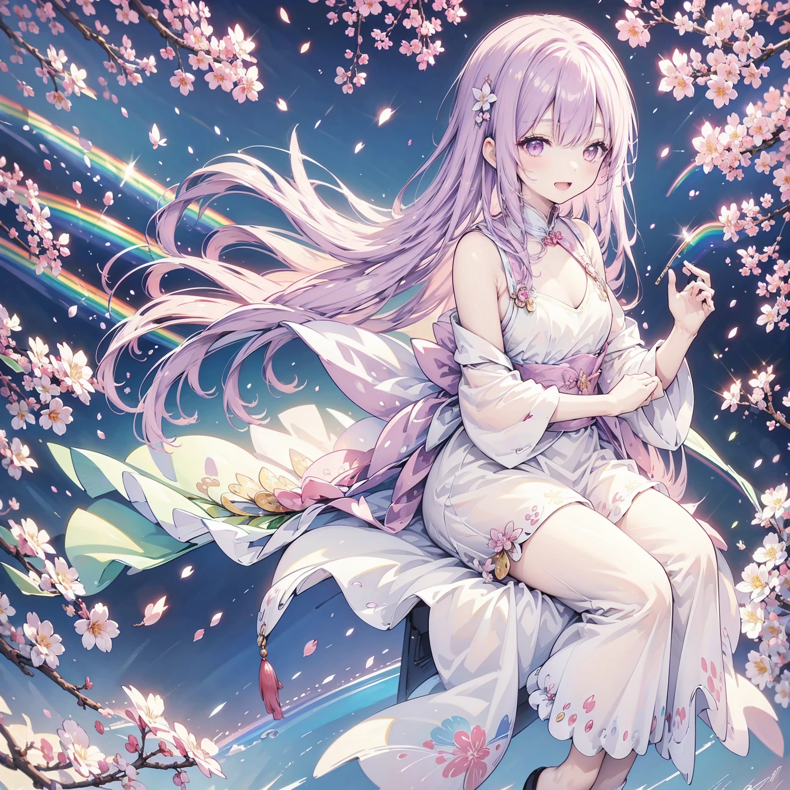 cherry blossoms、Cherry blossoms in full bloom、fairy girl、 fairy、rainbow fairy wings、flying、use magic、magic circle、cherry blossomsを咲かせる、((cherry blossomsの木))、fantastic park、Chinese style、falling petals、dynamic angle,cinematic,masterpiece,best quality,high quality,detailed,high resolution,8k,wallpaper,beautiful fingers,beautiful hands,fingertip,((rainbow hair:1.4)),open mouth,smile,twintails,ban hair,small heads