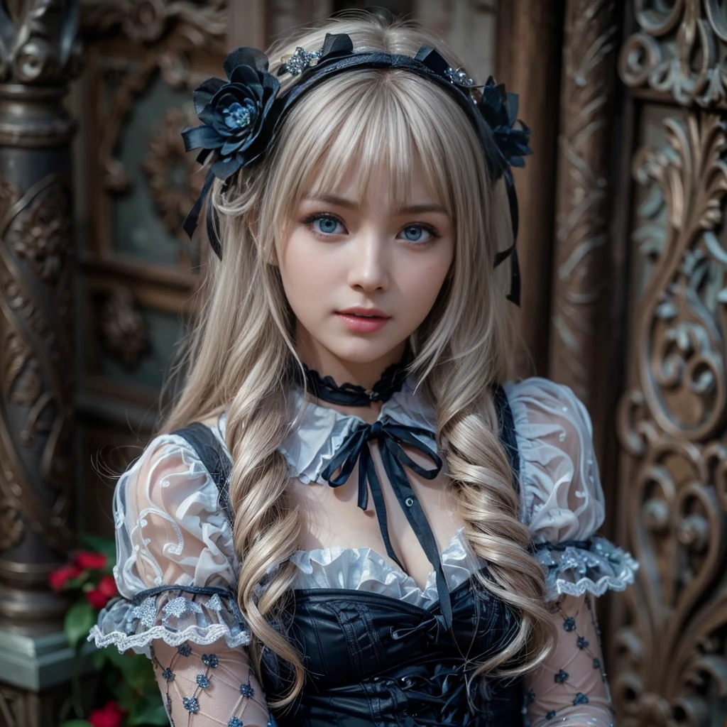 long blonde hair　Slender Beautiful Girl　gothic lolita clothes　Garden at night　　blue eyes　