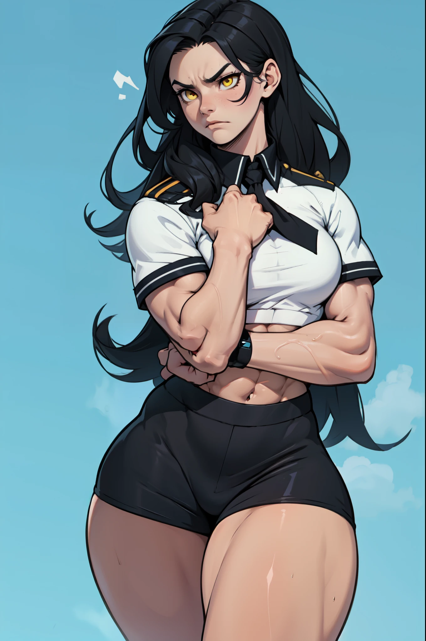 (1girl), black hair, extremely long hair, yellow eyes, (((massive female bodybuilder)))) ((((huge breasts)))), thick thighs, solo, angry, (pale skin), cowboy shot, (school uniform) (NSFW)