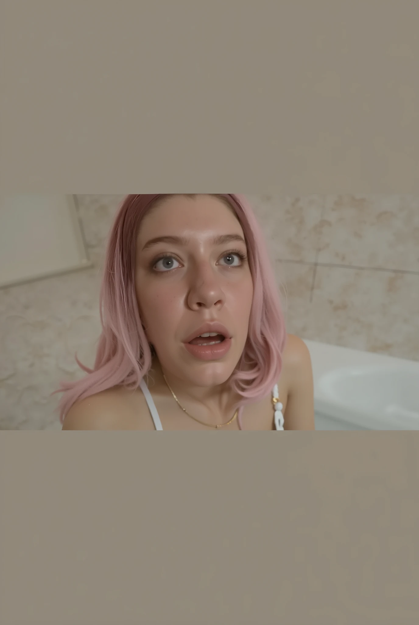  Beautiful blond girl Knelling, open mouth, tongue out, eye catching, look at the camera, view from top, pastel pink tones,  photo taken from above, pastel flower wallpaper, dirty bathroom stall in a gas station 