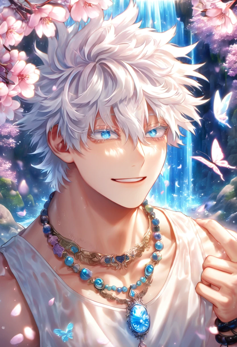 absurdres, highres, ultra detailed, HDR, master piece, best quality, detailed eyes, detailed face, delicated features, Gojou Satoru, white hair, messy hair, hair between the eyes, expressive blue eyes, white eyelashes, Boku No Hero Academia, solo, sexy man, handsome, sensual, smiling, white tank top, necklace with a blue gem, black bracelets, fantasy, magical, waterfall, rocks, pink flowers, cherry blossoms, butterflies, spring, water