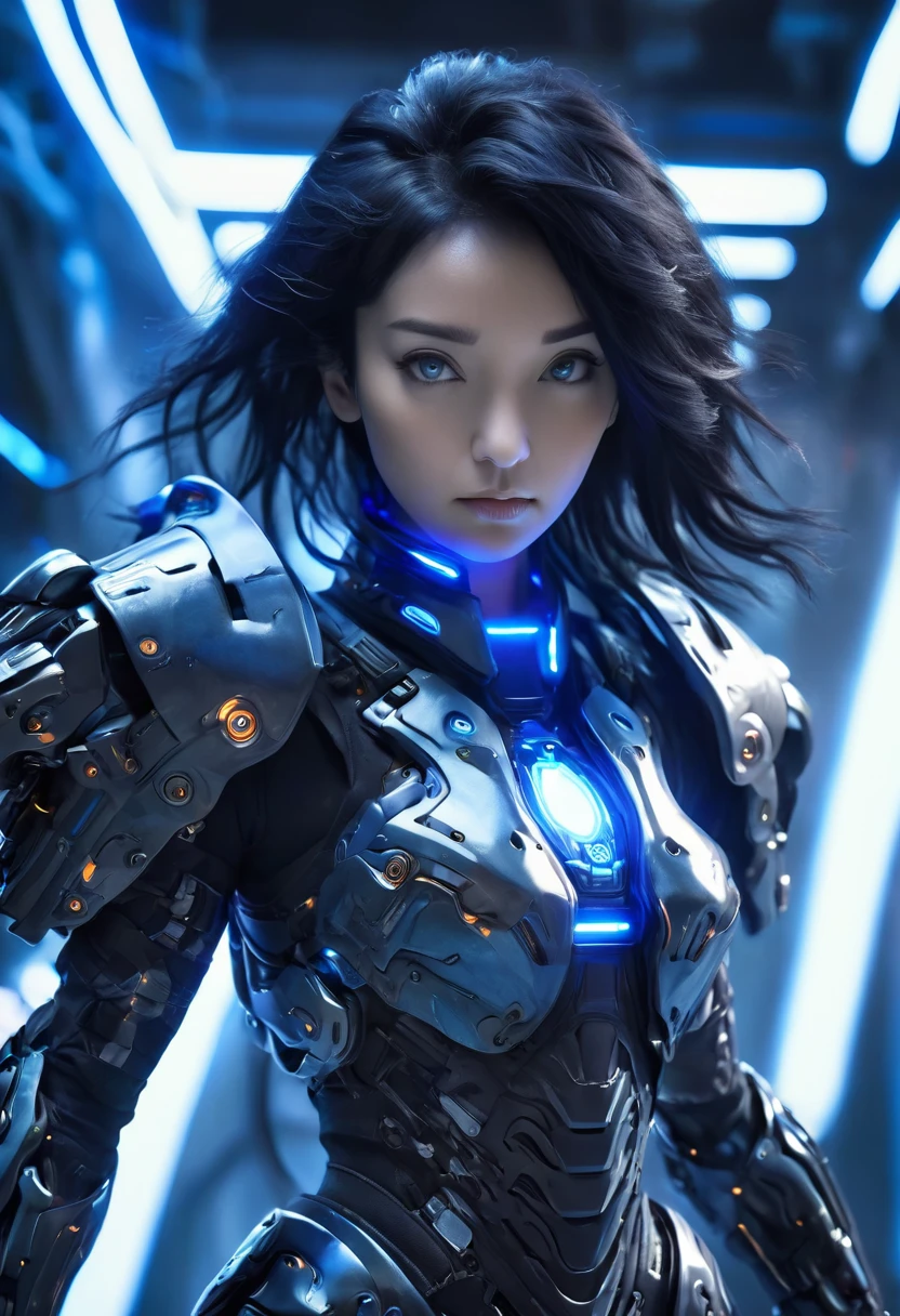 A woman wearing exoskeleton cyber armor, The armor fits snugly、She has a plasma gun in her hand., (Full body portrait), Maximum details, Detailed drawings and excellent quality, 8k,chest, blue eyes, High resolution, 超High resolution, Best Quality, Shortcuts, Black Hair, 大きなchest, (Cinematic Lighting Effects), ((High tech spaceship interior with futuristic blue light lighting)), ((Black Hair))，