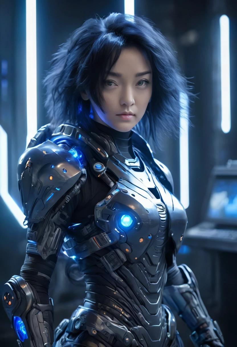 A woman wearing exoskeleton cyber armor, The armor fits snugly、She has a plasma gun in her hand., (Full body portrait), Maximum details, Detailed drawings and excellent quality, 8k,chest, blue eyes, High resolution, 超High resolution, Best Quality, Shortcuts, Black Hair, 大きなchest, (Cinematic Lighting Effects), ((High tech spaceship interior with futuristic blue light lighting)), ((Black Hair))，