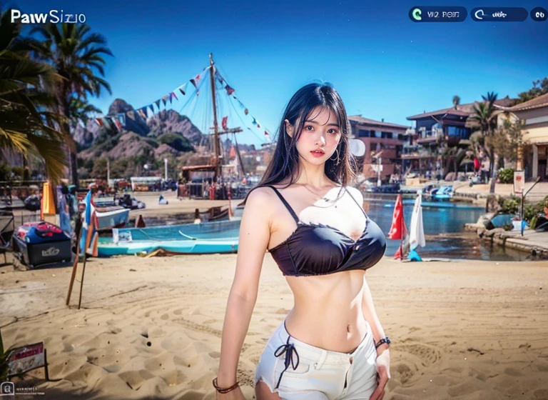 photorealistic, photo of Korea woman , sexy , nake , (flirting) ,The gỉl sit on the beach, (big breast:1) , (white skin). ((Top view)),( big breasts) , bikini transparenter , (black and blue color:1), indigo, (spread legs) , flirting, charming , Hand-up , stick out tongue