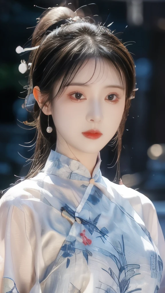 (Best quality,masterpiece:1.2),Ultra-high resolution,Realistically,Headlights,Intricate details,Exquisite details and textures,(1 Girl),solo,Upper Body,Petal pattern,漂亮的Big eyes,Red skirt,Beautiful face,For the audience,ribbon,gossamer,(young),Facial highlights,Detail production,Tear mole,White skin,Silver Hair,High Ponytail,Looking at the audience,Big eyes,(Hollow pattern),earrings,Slim figure,White background,The right hand,Professional lighting,Photon Mapping,Radio City,Physically Based Rendering
