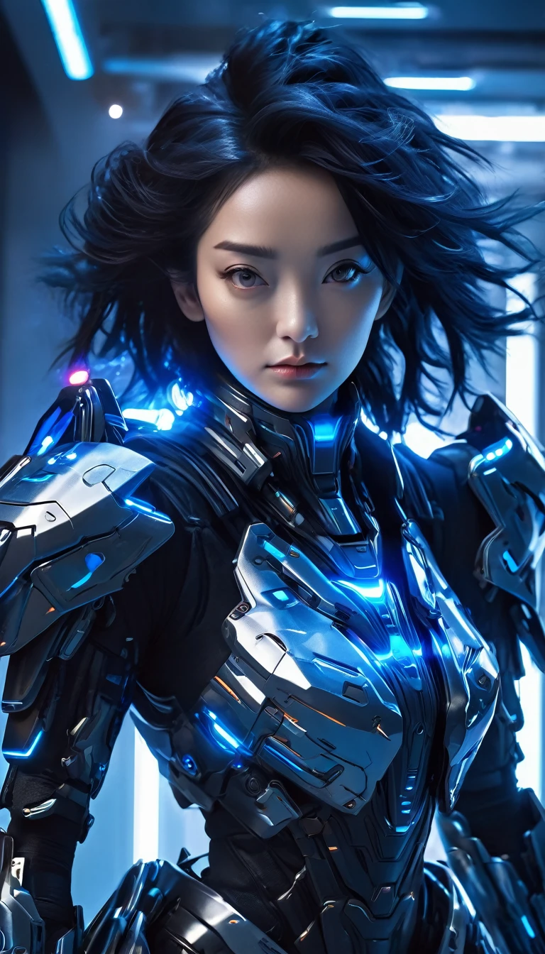 A woman wearing exoskeleton cyber armor, The armor fits snugly、She has a plasma gun in her hand., (Full body portrait), Maximum details, Detailed drawings and excellent quality, 8k,chest, blue eyes, High resolution, 超High resolution, Best Quality, Shortcuts, Black Hair, 大きなchest, (Cinematic Lighting Effects), ((High tech spaceship interior with futuristic blue light lighting)), ((Black Hair))，