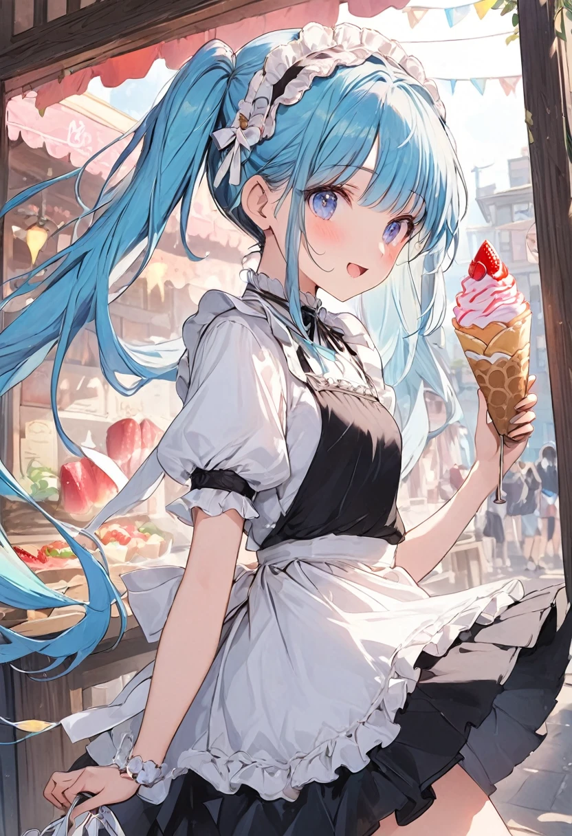 masterpiece, best quality, extremely detailed, (illustration, official art: 1.1), 1 girl, (((light blue long hair))), ((blush)), cute face, big Eyes, masterpiece, best quality, (((a very delicate and beautiful girl))))), amazing, beautiful detailed eyes, blunt bangs ((((little delicate girl))), ((tareme))), droopy eyes. (true beautiful: 1.2), sense of depth, affectionate smile, (true beautiful: 1.2), (tiny 1girl model: 1.2), (flat chest),pop art,,from side,Super hyper Miracle delicious cream crepe,take cream,,(((strawberry crepe))),Twinkle eyes widen,open mouth widen,oral cavity,dripping cream、white shoulder bag, maid, apron, garter ring,medium skirt, high-thigh socks, headdress, twin tails, frill, ribbon, hair scrunchie, downtown, look at viewer,classroom,White lace shirt,Food stalls, cultural festivals,signboard,Graffiti board 