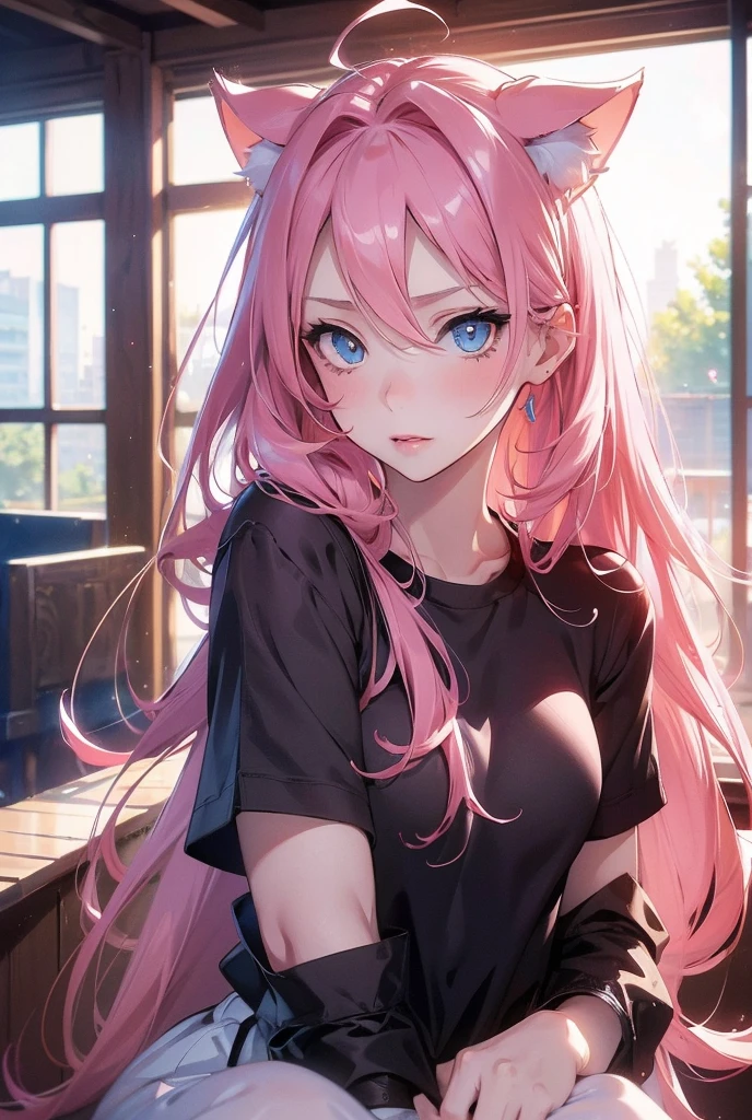 masterpiece), best quality, expressive eyes, perfect face, long pink Hair, , Messy hair blue eyes, milf , pink lips , milf face, outfit dark ,neko ears , neko girl, 1girl, seductive shy, Kind , room The room, neon, IncrsHeadGrabPOV,madure girl