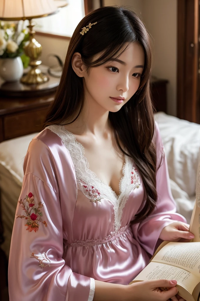 Dark brown hair、Light brown eyes、Japanese actress、 Lady、私 am about 40 years old.、(Intricate details:1.2)、(Which one is on top??:1.4)、 (Ultra-high resolution:1.2)、Ultra-high resolution、(Finely tuned)、(Detailed facial features)、Hmph、8K resolution、D cup size breasts、Long Hair、Bedroom、Sleeping in bed、Illness and sleep、Painful expression、Extravagant space、relax、、,Full body photo、Beautiful legs、silk pajamas、Beautiful legs、she, Extreme Detail, Very detailed, Realistic, Hourglass-shaped body, Obscene pose,、、私 cry a lot、tears、(auraroid photo:1.2)、A masterpiece of transparent painting、8K、32k、Highest quality、(Details of both eyes)、