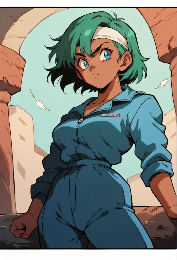 1 girl, dark skinned woman, blue-green hair, medium length hair, headband red , blue jumpsuit, blue eyes,