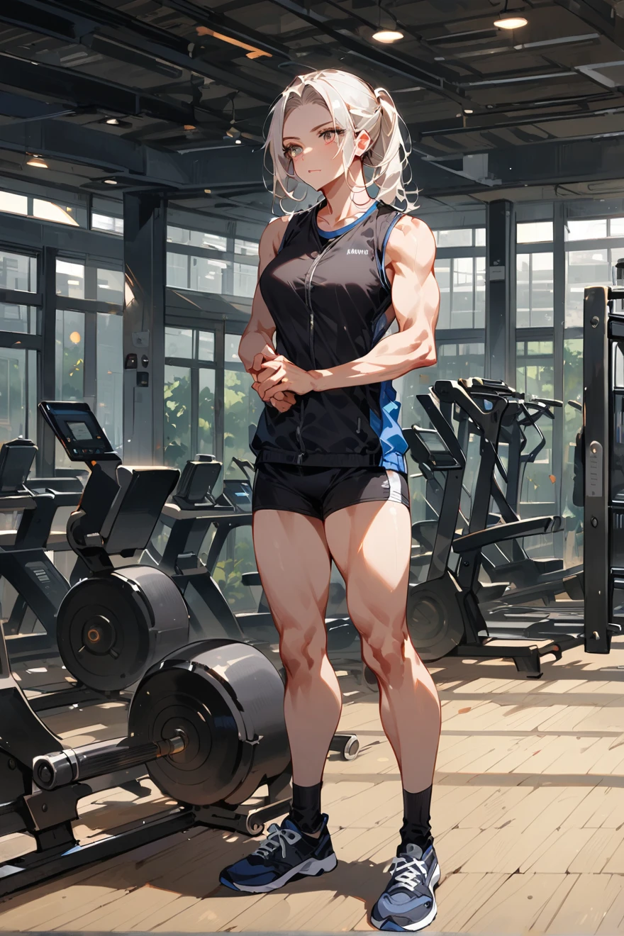 (better lighting) , (ultra intricately detailed) , 4k unification, (Super detailed CG: 1.2) , (8k: 1.2),(Original), (Masterpiece) , (Best Quality),(Masterpiece:1.4),anime style quality,(Masterpiece),Masterpiece, Super clear image quality,Clearer than the movies,(thin face)Best Quality, absurd,((peace teacher, 4k, 8k, Yeah, A high resolution))1 chica muscular, snow white hair, Red eyes, short bikini, (short bikini apretado), medium breasts, piernas musculars, muscular, muscular abs, (muscular abs), ((muscular belly)), {standing}, {full body image}, in a gym, (in a gym entrenando)