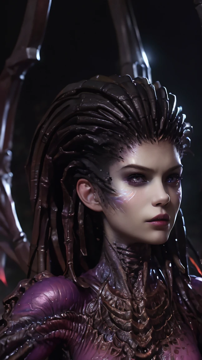 official art, unity 8k wallpaper, ultra detailed, beautiful and aesthetic, beautiful, masterpiece, best quality, 1 girl, solo,(srkg, sarah_kerrigan,claws,  wings, slender:1.4),(close up),(ultra detailed body:1.2), darkness background, , depth of field, (front view),(cute:1.2),looking at viewer, hyper detailed, realistic skin texture,photorealistic, photo, masterpiece, realistic, realism, photorealism, high contrast, photorealistic digital art trending on Artstation 8k HD high definition, detailed realistic, detailed, skin texture, hyper detailed, realistic skin texture, best quality, ultra high res, (photorealistic:1.4), high resolution, detailed, raw photo, sharp, nikon d850 film stock photograph 4 kodak 400 camera f1.6 lens rich colors hyper realistic lifelike texture dramatic lighting unreal engine trending on artstation cinestill 800,looking at viewer,