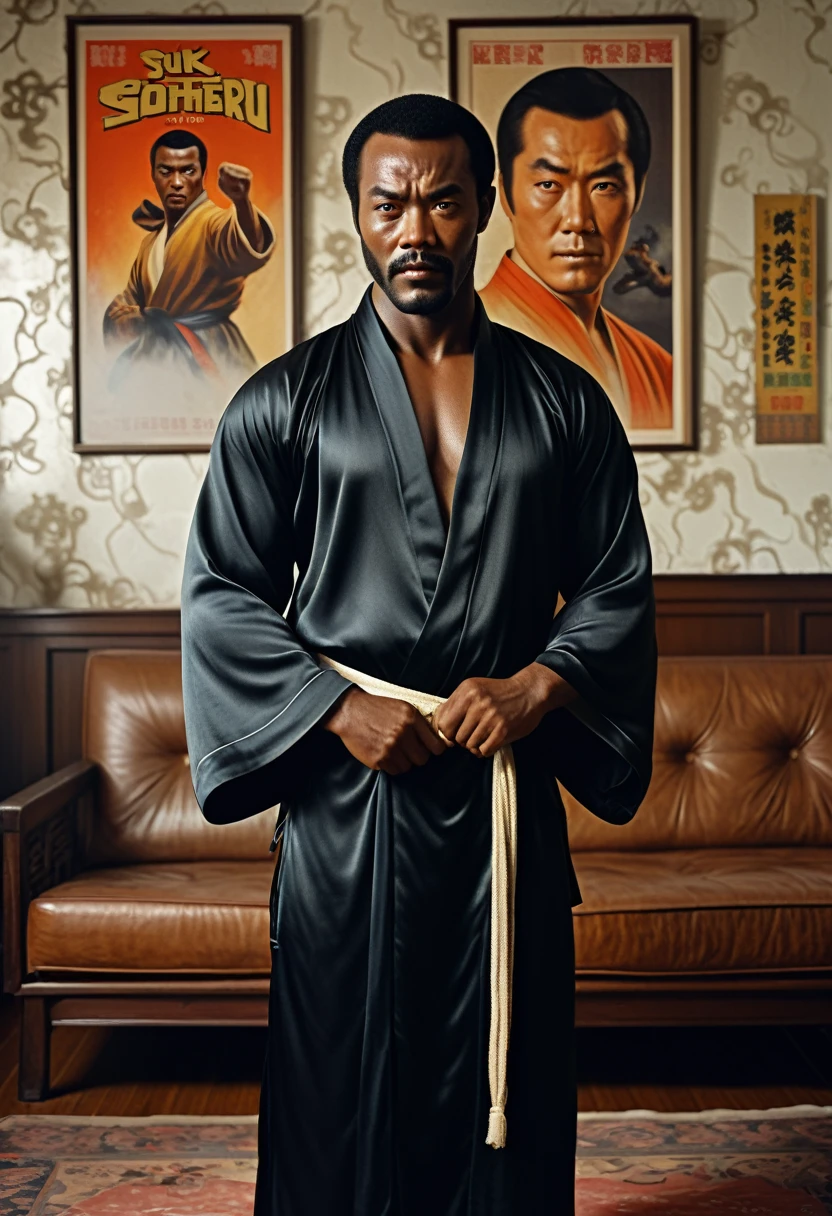 Hyper-realistic portrait: a black guy , Shawt, a wiry 5'3" Black man, 44, 125 lbs, sways in a haze-filled living room. Vintage kung fu posters adorn peeling walls. He cradles a smoldering joint, donning a silk robe reminiscent of 1970s Shaw Brothers films. His unfocused eyes and fluid stance embody drunken fist style.