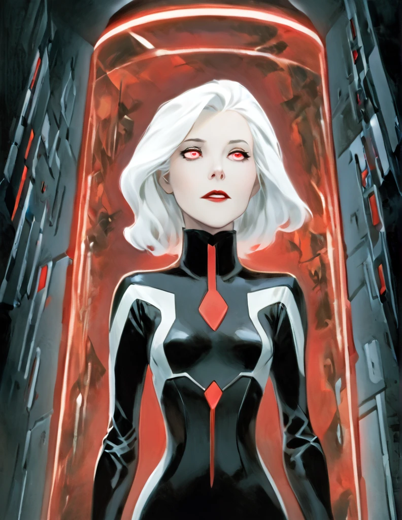 Pale Middle aged white haired Woman wearing a black sci-fi body suit. She has a calm dead pan expression. She is laying inside a geometric scifi coffin that glows red. The room is very dark with the only light coming from her coffin. Yhe whites of her eyes are black