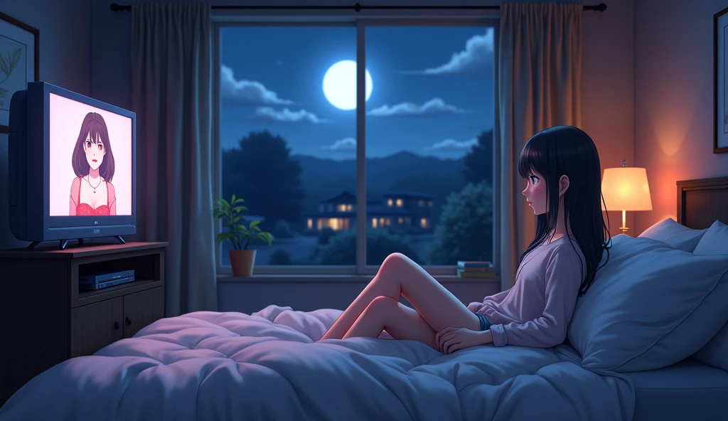 woman sleeping in her bed, cozy little room, late at night, starry sky, city view from window