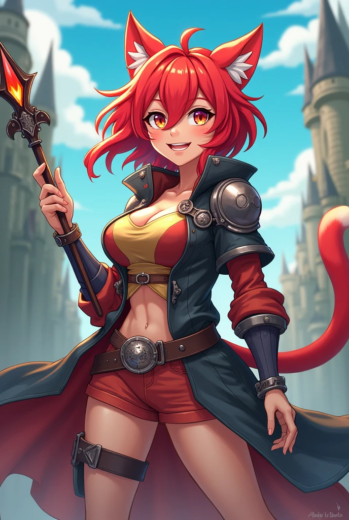2D danmachi style female character who is a catwoman with a funny face, red hair, Wearing light armor and a wizard robe. He also has as a weapon a staff with a sharp tip and a gem in the center of the tip..

