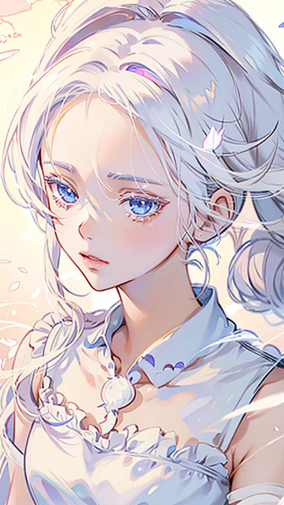 Anime girl with white hair and blue eyes in a white dress, Soft anime illustration, Beautiful anime portraits, Anime girl with space hair, White Anime Barbie, Digital Art on Pixiv, Ethereal Anime, Gwaiz, Beautiful anime art, Beautiful Anime Girls, Beautiful anime artwork, artwork in the style of Gwaiz, Beautiful anime faces, Anime Style 4k、High resolution, masterpiece, Accurate, number々Awards, 最high quality, High resolutionモデル, high quality, Very detailed, 超High resolution, 