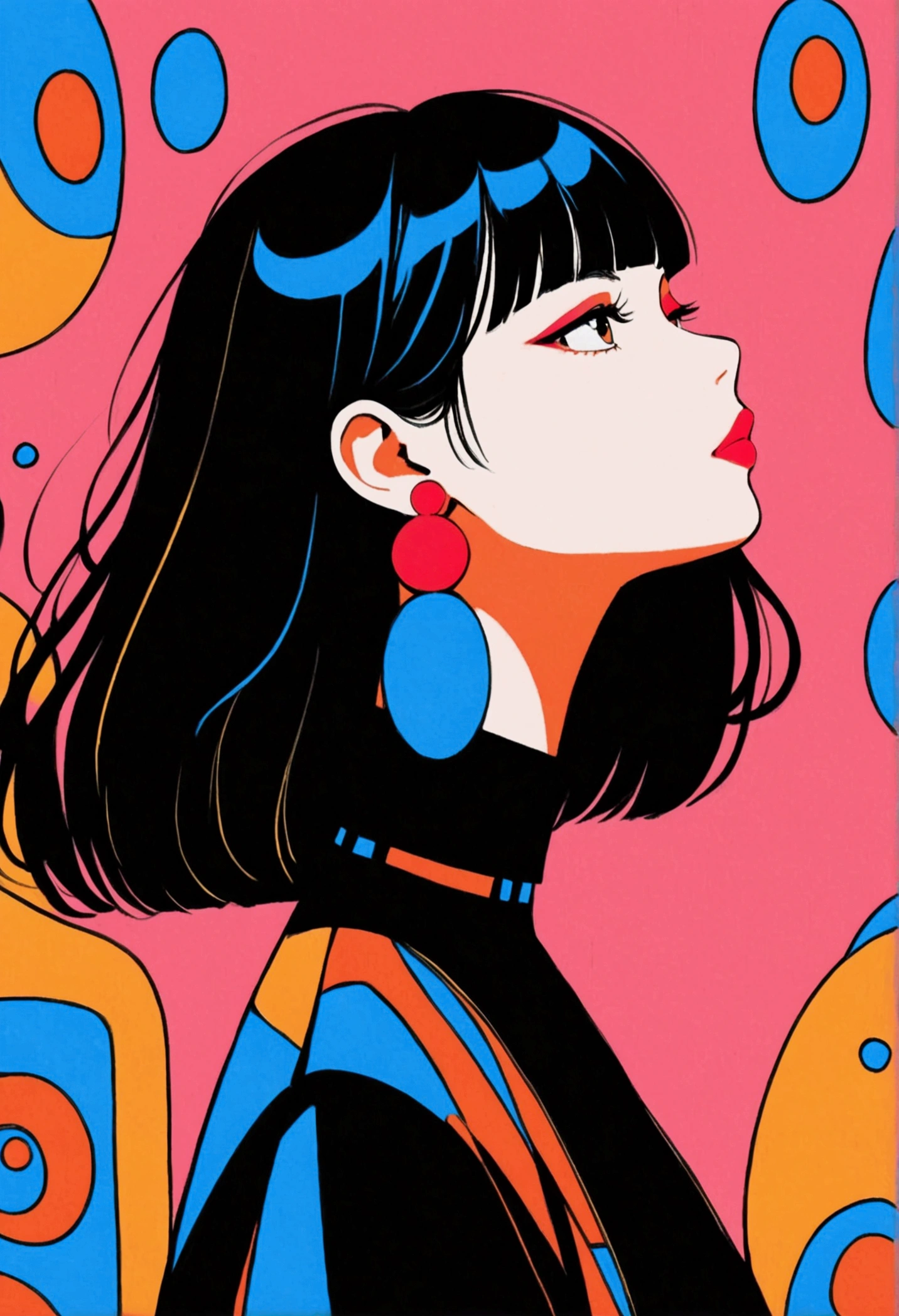 short, straight black hair with bangs, large round white and red earrings, standing with head turned to the side, wearing a black top with a blue collar, looking towards the right, pink background, bold and colorful illustration style, well-defined edges, high contrast colors, bright and lively atmosphere, artistic and modern.