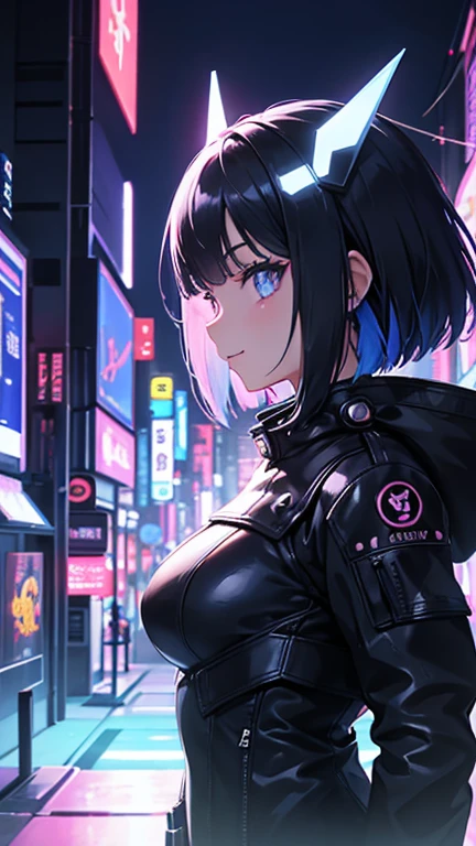 Please generate a 16:9 illustration. Taste: Japanese anime, cyberpunk This is a futuristic portrait illustration of a girl's profile. She wears intricate headgear and a high-necked bodysuit and biker jacket, her face illuminated by blue and pink neon lights. Her black bob hair with blue mesh flutters in the wind, and her big eyes sparkle in the light, exploring futuristic visions. She looks at the scenery next to her and smiles. The background is dark, with floating digital screens and data visuals, their light and the neon lights of the night illuminating her profile.