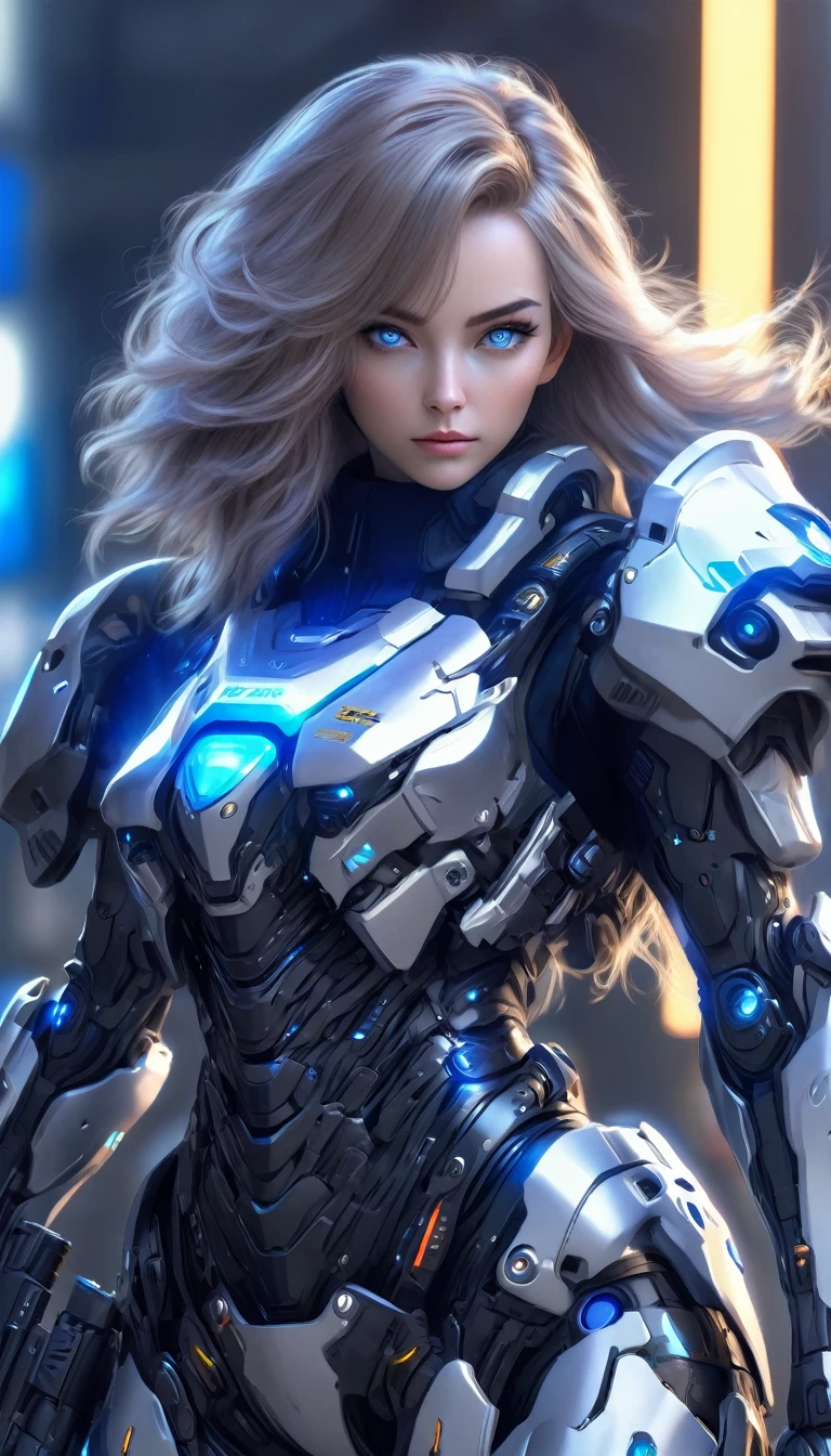 A female police officer wearing exoskeleton cyber armor, The armor fits snugly、He has a plasma gun in his hand., Full body portrait, Maximum details, Detailed drawings and excellent quality, 8k,chest, blue eyes, blue eyes, Let&#39;s take a look, Let&#39;s take a look, High resolution, 超High resolution, Best Quality, Shortcuts, ((Black Hair)), 大きなchest, Cinematic Lighting Effects, Futuristic, ((High tech spaceship interior with blue light illumination)), 