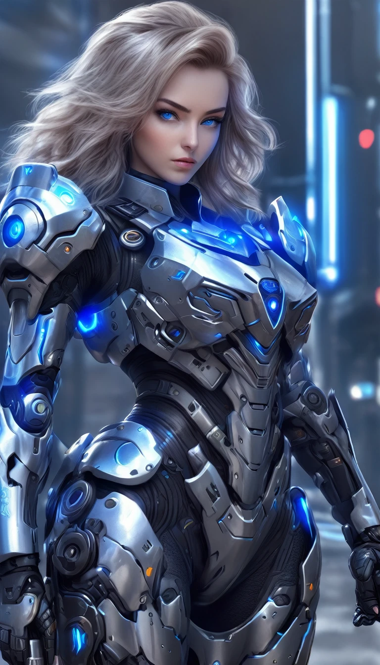 A female police officer wearing exoskeleton cyber armor, The armor fits snugly、He has a plasma gun in his hand., Full body portrait, Maximum details, Detailed drawings and excellent quality, 8k,chest, blue eyes, blue eyes, Let&#39;s take a look, Let&#39;s take a look, High resolution, 超High resolution, Best Quality, Shortcuts, ((Black Hair)), 大きなchest, Cinematic Lighting Effects, Futuristic, ((High tech spaceship interior with blue light illumination)), 