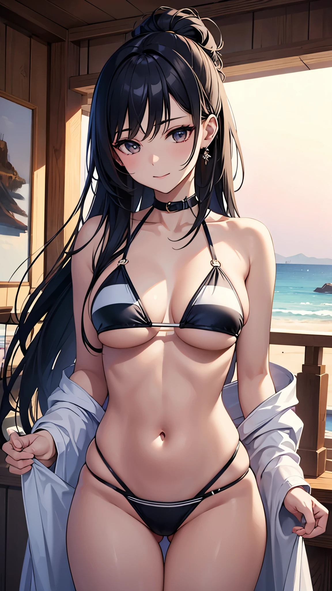 ((Best Quality)),(Ultra-high resolution),(Super detailed),(Detailed Description),((The best CG)),(masterpiece),Highly detailed art,(Art with precise detail:1.5), Black Hair, Black Eyes, Swimwear, sea,