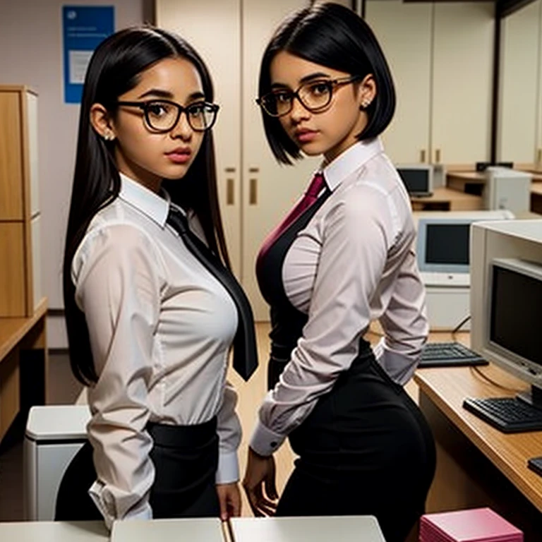 Beautiful latin Mother wearing glasses, big boobs and full lips; and her slim short teen daughter, looking tired in a school office