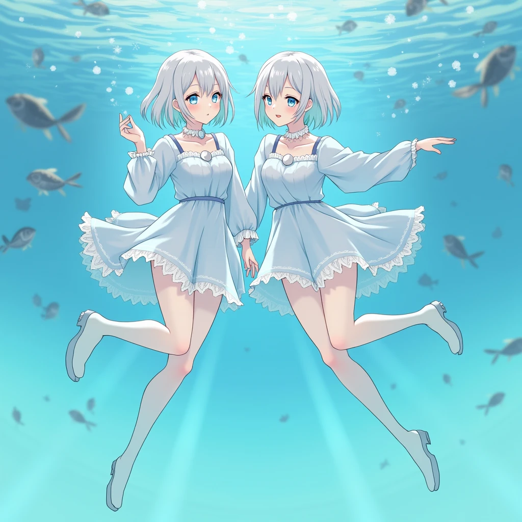 Two girl's lower_body is transformed into slime(Japanese anime style)(with slime tentacles)(scared and crying)(fox ears)(multiple slime eyes)(student costume)(on bed)(the room is covered by slime)