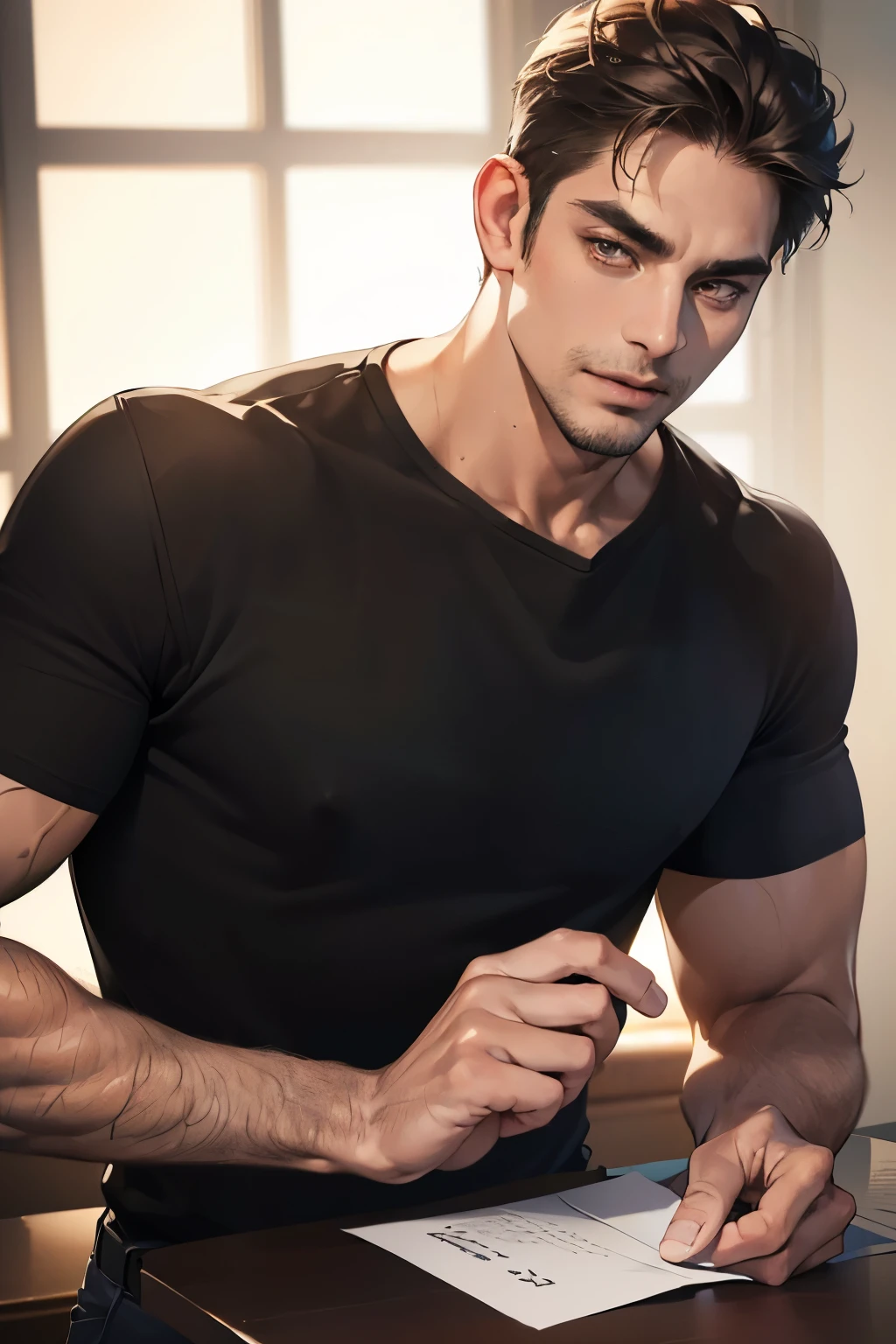 Taylor Zakhar Perez, ((masterpiece)), ((best quality:1.2)), High Resolution, 8k, male focus, (ultra_realistic:1.3), (photorealistic:1.4), sharp focus, 1boy, (perfect face), wide angle, handsome, (((wearing a tight black tank top:1.2))), (((tight denim jeans:1.2))), ((bulge++)), ((leaning against doorframe:1.3)), cocky expression, defined body, slim but muscular, brown eyes, short black hair, solo, 1boy
