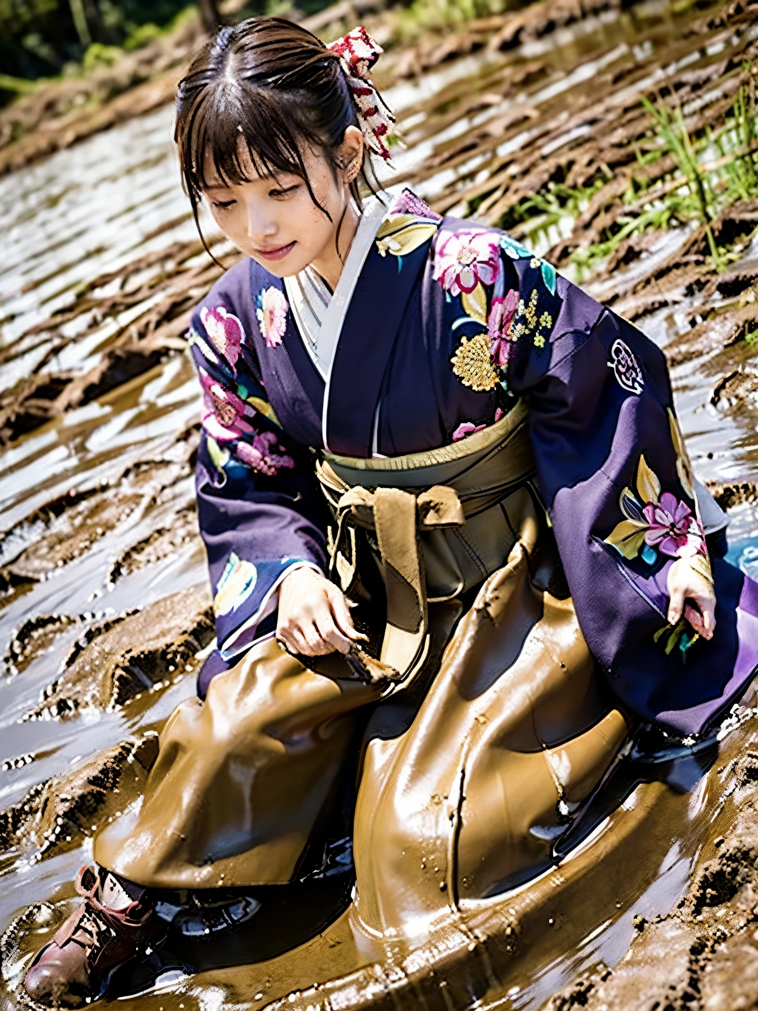 Realistic, hakama, kimono, woman, furisode, clothes that stick to the skin, clothes stained with mud, immersed in muddy water, buried in mud, woman immersed in muddy water, clothes with a wet texture, woman immersed in mud, lying in mud