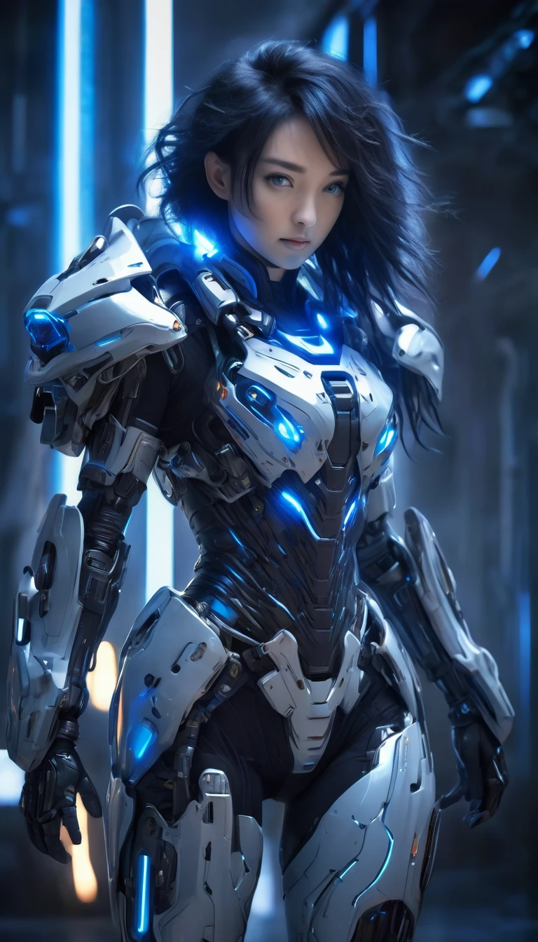 A woman wearing exoskeleton cyber armor, The armor fits snugly、She has a plasma gun in her hand., Full body portrait, Maximum details, Detailed drawings and excellent quality, 8k,chest, blue eyes, High resolution, 超High resolution, Best Quality, Shortcuts, ((Black Hair)), 大きなchest, Cinematic Lighting Effects, ((High tech spaceship interior with futuristic blue light lighting)), 