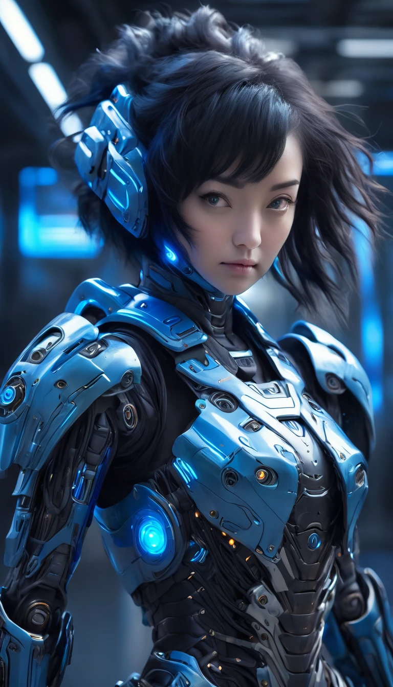 A woman wearing exoskeleton cyber armor, The armor fits snugly、She has a plasma gun in her hand., Full body portrait, Maximum details, Detailed drawings and excellent quality, 8k,chest, blue eyes, High resolution, 超High resolution, Best Quality, Shortcuts, ((Black Hair)), 大きなchest, Cinematic Lighting Effects, ((High tech spaceship interior with futuristic blue light lighting)), 