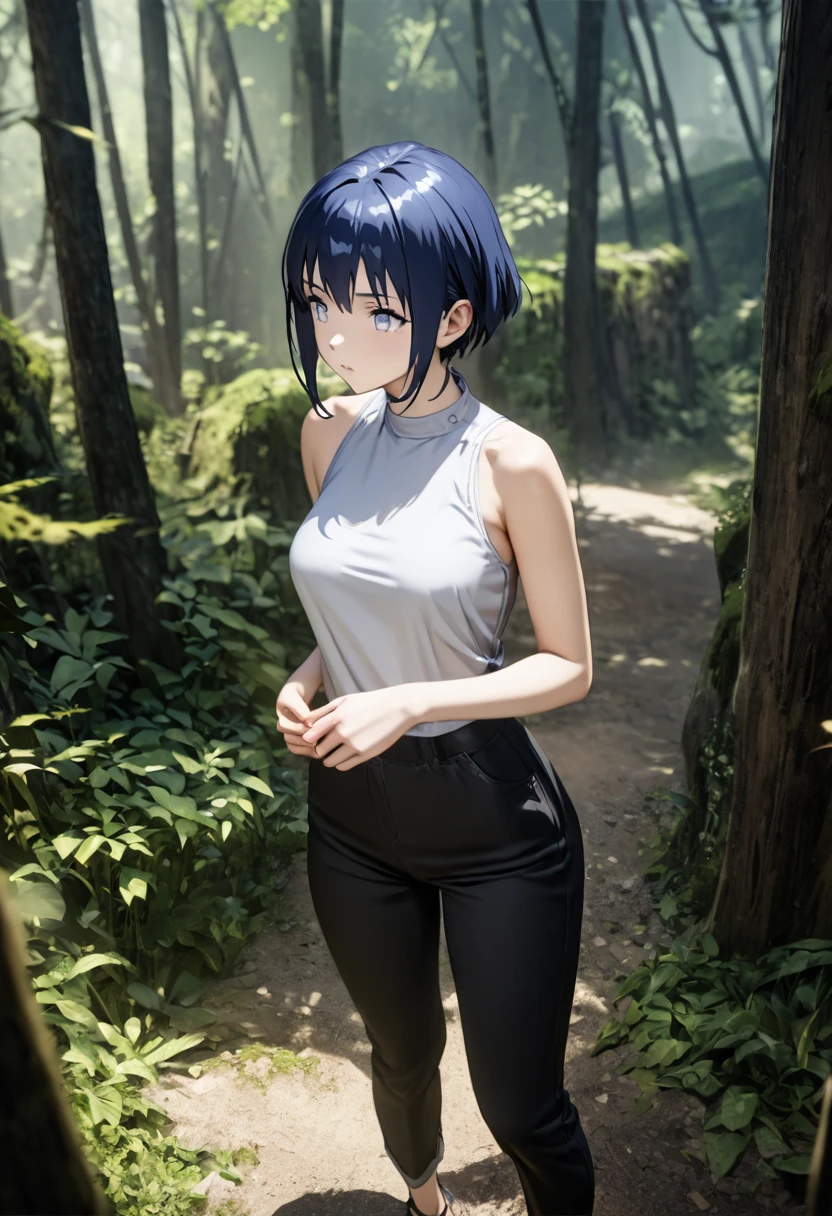 HINATA HYUGA short blue hair, white eyes, outfit: She wears a sleeveless shirt, medium breasts, black pants , Scenery: in a hot forest day covered in sweatHigh resolution, HD model, masterpiece, 