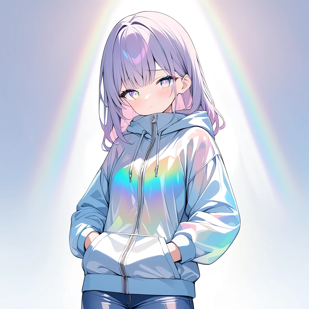 anime、((Amazingly absurd)),(masterpiece:1.2),超High resolution, Attention to detail, high quality, High resolution, 最high quality, 4K, 8k、One woman,Glass Clothes,Put your hands in your pockets,High neck hoodie,pants,Iridescent,Rainbow Eyes,Shining Eyes,Straight face,Simple Background,