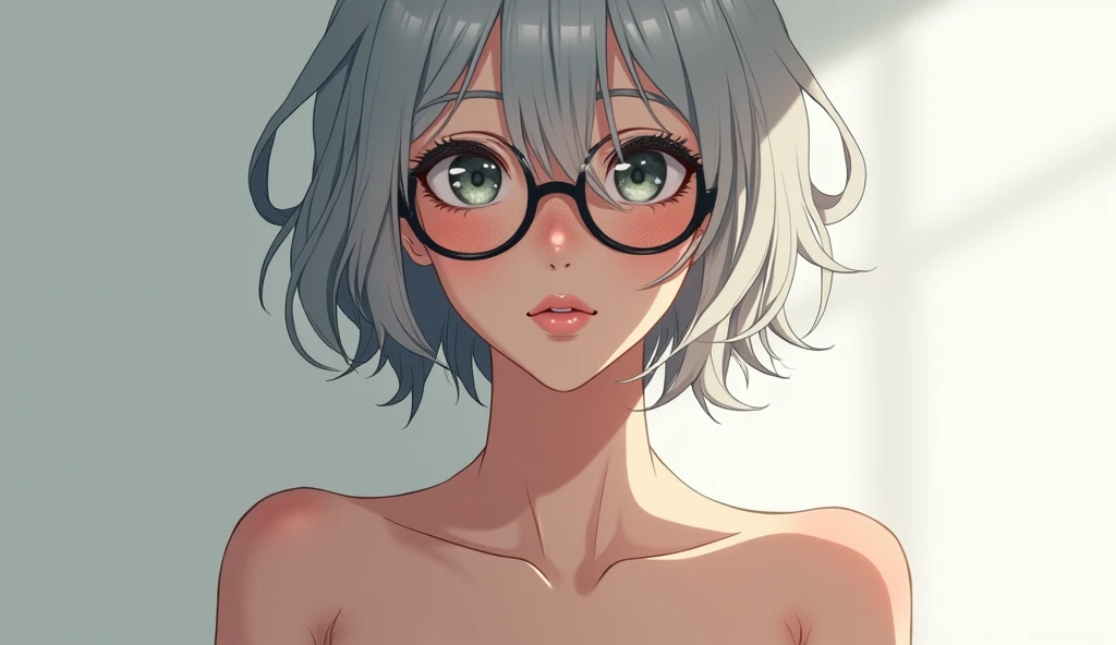 best quality, masterpiece, detailed,
Crocell Kerori,
closed mouth, light blush, wavy mouth,
light blue hair, short hair, blue eyes, horns, round eyewear,Full Naked body, nude, showing body
standing, looking at the viewer,
Cleared green background, green background