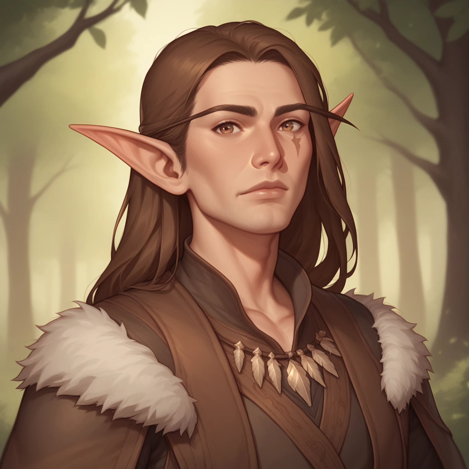 (((handsome, high quality, comics style, detailed face))), score_9, score_8_up, score_7_up, BREAK, bust shoot view, solo, A 40 years old man:1.1, male elf, long brown hair, wide neck, pointed ears, druid warrior, fur clothes, (upper body:1.1), contempt expression, tundra, fantasy outside, blurred background, Expressiveh, detailxl