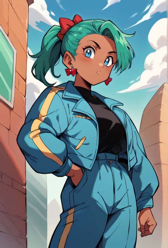 1 girl, dark skinned woman, blue-green hair,Ponytail, blue pants with yellow stripes, blue jacket, black blouse underneath, crystal earrings, red bow, blue jumpsuit, blue eyes,