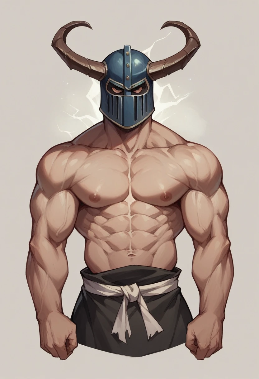 King is an imposing hero with a muscular physique and short hair that shines like lightning.. His costume combines modern samurai elements with electric details., emanating an aura of electrical energy. He wields an electrified hammer and wears a helmet that resembles a samurai mask..