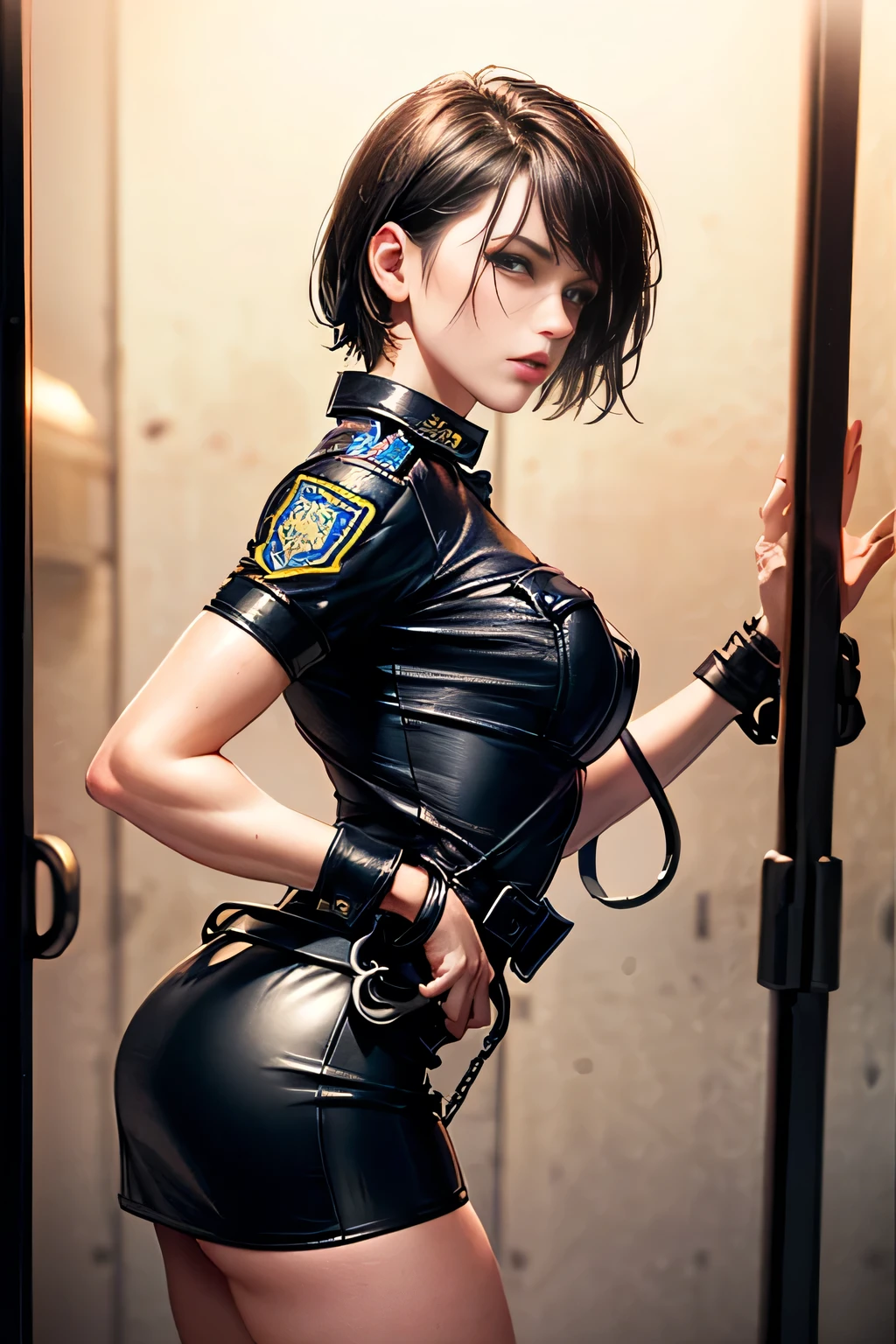 black nurse, 1womanl, Nurse, Nurse Cap, Blackware, ((Black legwear, zettai ryouiki)), Black Elbow Gloves, Curly brown hair, Blue eyes, Standing, ((sperm bank)), sharp outline, Short sleeves, a matural female, 35 year old, Best Quality, masutepiece, 