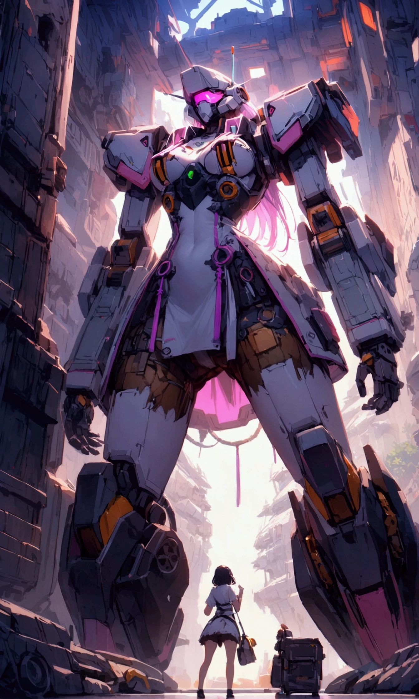 cute yuna (sexy technician outfit with frayed edges and many holes, grease smudges) is studying a mech's technical readouts on a wall (architectural design of mech), mech bay