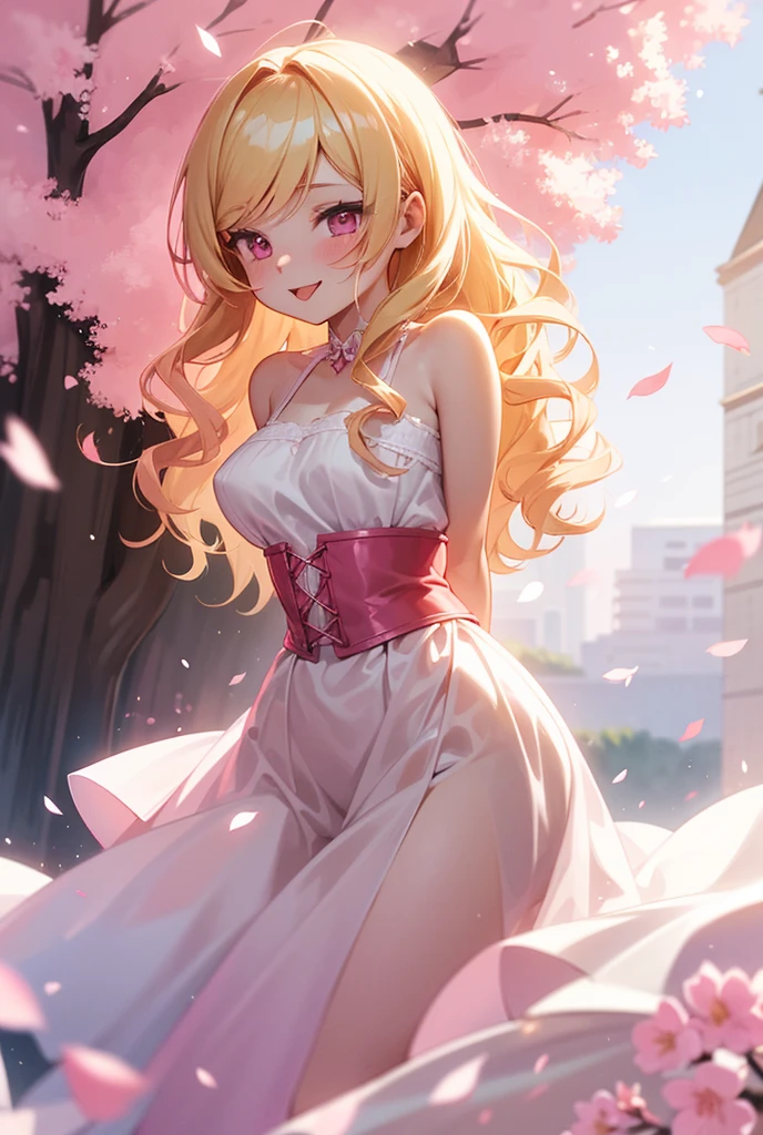 Best quality, solo mature woman, gigantic breasts, huge ass, voluptuous, bimbo, long curly ash blonde hair, soft headband, cherry blossom pink eyes, full lips, seductive, smiling, cute pj top, cute pj shorts, love handles, anime style, flat vector art