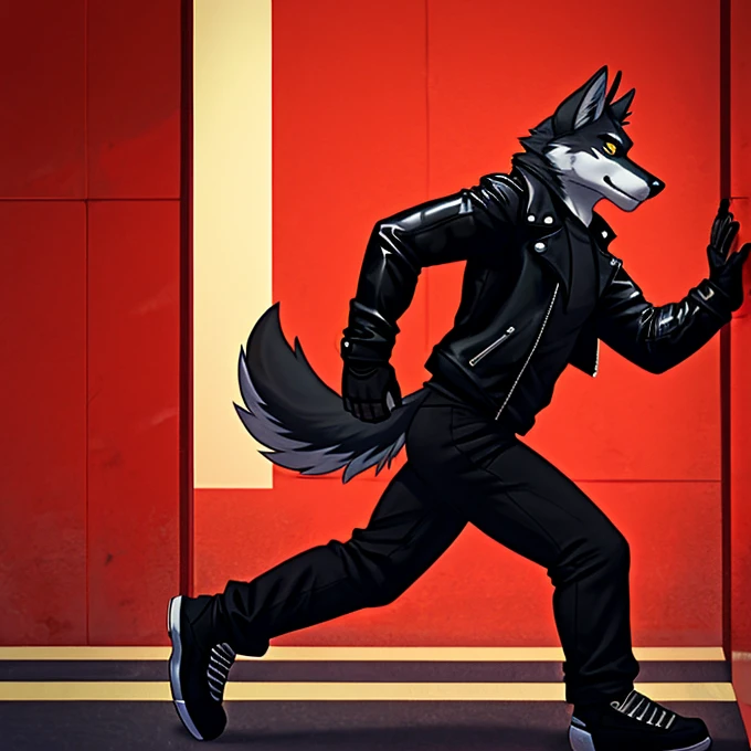 A male wolf furry with black fur, and yellow eyes. He is wearing a black biker jacket, grey shirt, black pants and black fingerless gloves. He is running in a red hallway, Sideview 