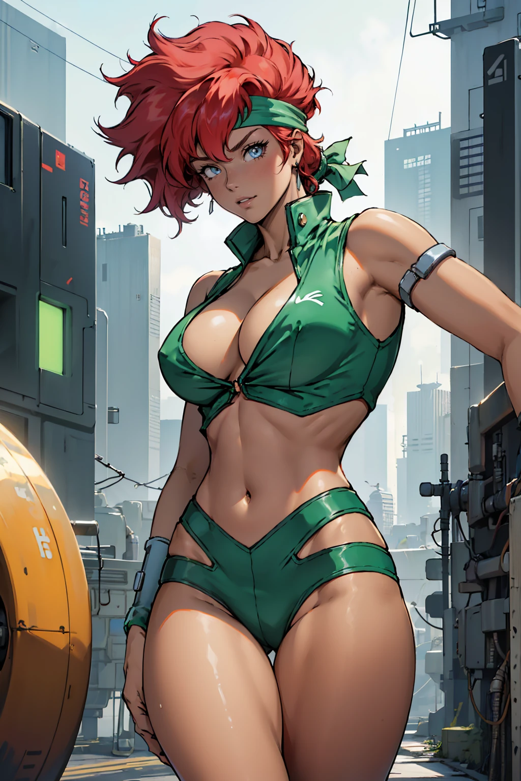 Kei from The Dirty Pair, , wearing a tight outfit, skimpy, medium breast, red hair beauty, cyberpunk city background, holding retro space-gun, headband, slim waist, slim thighs, thigh gap