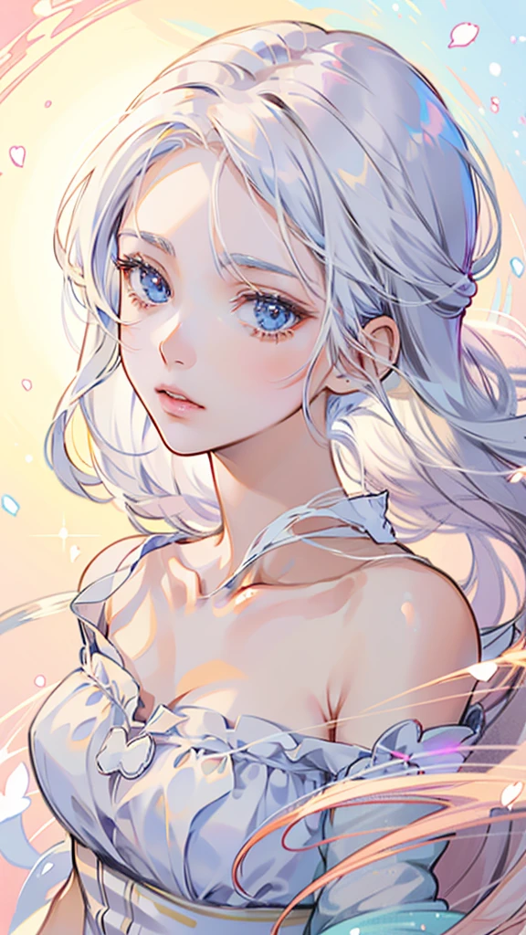 Best image quality, Anime Style,Pastel Color Theme, Beautiful face and skin, (1 adult female), Cleavage, Thin face, Shortcuts, Blowing in the Wind, Silver Hair, Glossy lips tightly closed))、Shining Eyes, Slanted Eyes, Model pose, whole body,Wide-angle,Detailed pattern,bikini, choker, Heart-shaped background,